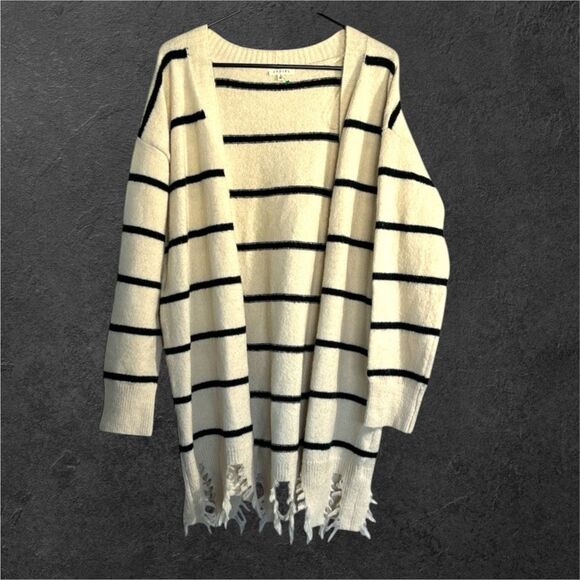 Jodifl Women's White Striped Fringed Bottom Open Front Cardigan Sweater sz S Coz - Picture 6 of 6